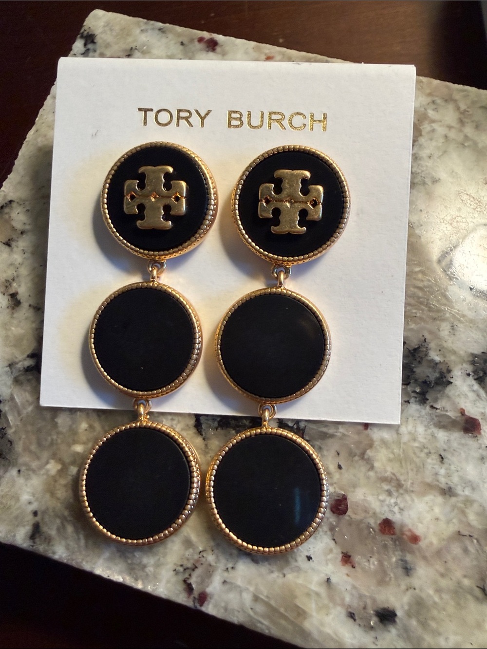 Tory Burch Black and Gold Triple Round Drop Earrings